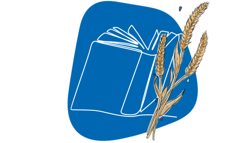 Wheat in front of a brochure within a blue shape