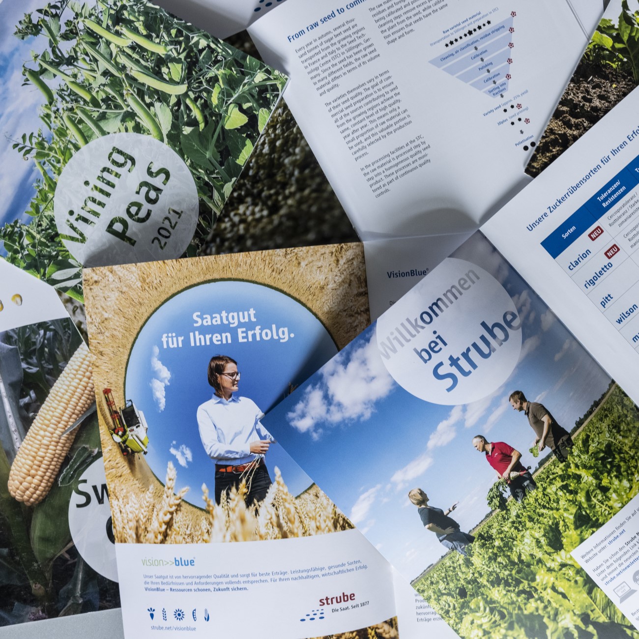 Open brochures, flyer, trade journals on a table