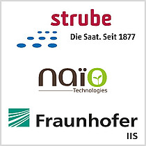 Логотипы всех партнеров по сотрудничеству: Strube D&S GmbH, NAÏO-Technologies и Fraunhofer-Entwicklungszentrum Röntgentechnik EZRT.