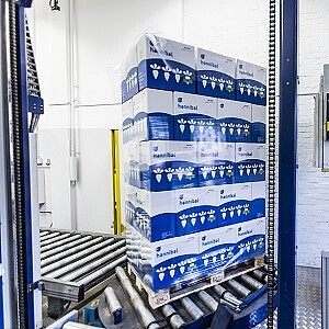 Finished seed packaging on a pallet