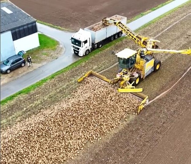 [Translate to French:] Rübenmaus belädt LKW mit ertragreichen Zuckerrüben